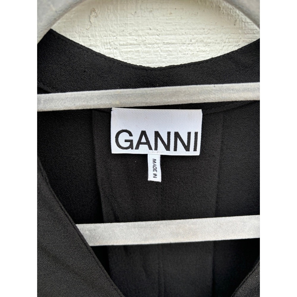 Ganni Black Wrap Midi Dress Toggle‎ Button 3/4 Sleeve Recycled Blend Size 38 - Picture 3 of 7